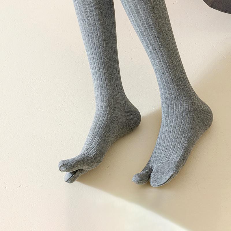 1Pair Vertical Bar Sweat Absorption Knitted Anti Friction Two Finger Socks Personality Cotton Medium Length Tube Split Toe Socks