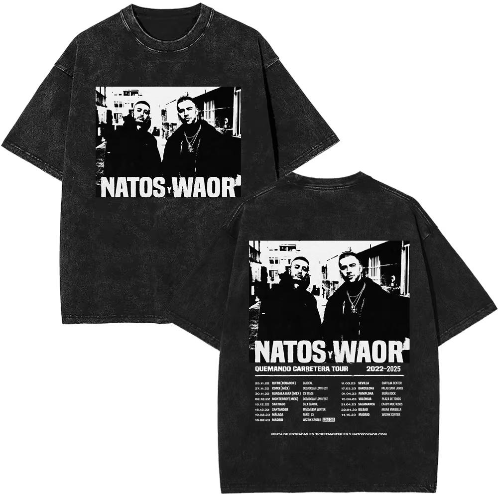 Natos & Waor Vintage Washed Graphic T‑Shirt Unisex Cotton Crew Neck Short Sleeve Double Sided Print Tees for Hip Hop Rap Fans Men Women