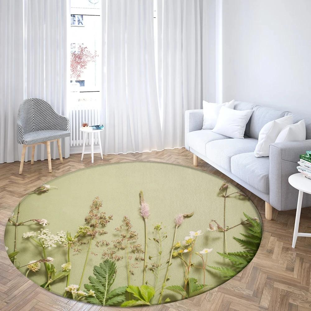 Flower and Bird Illustration Round Rug Pink Peach Blossom Carpet for Living Room Bedroom Floral Chair Rugs Non-slip Floor Mat