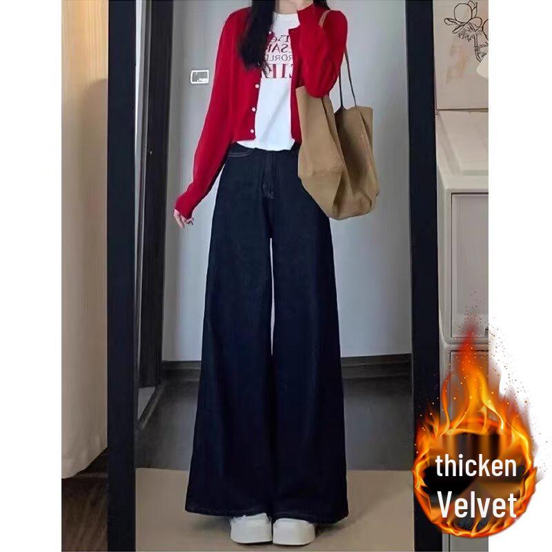 

Женские темно-синие зимние джинсы больших размеров с вельветовой подкладкой прямого кроя - стройнящая посадка с широкими штанинами S