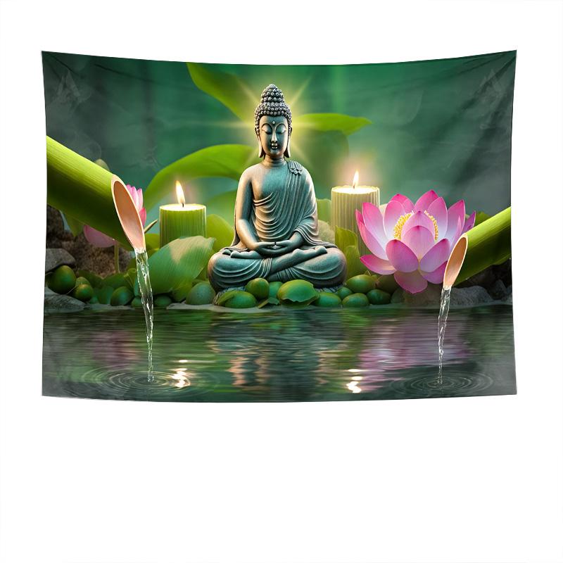 Buddha Lotus Water Candle Zen Meditation Wall Tapestry Machine Washable All Season Decor Art Print Spiritual Design Home