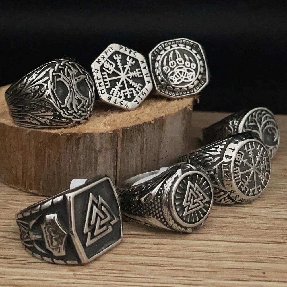 Vintage Viking Men Rings Stainless Steel Ethnic Belief Nordic Odin Compass Tree of Life Valknut Ring Amulet Jewelry