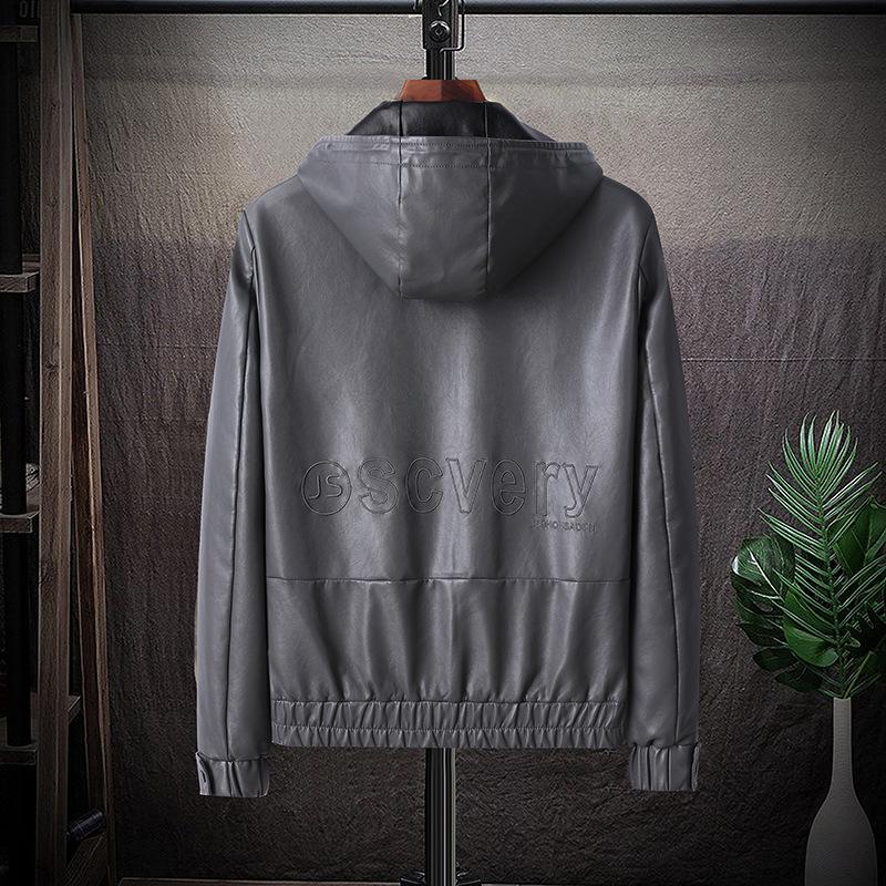 Autumn and Winter New Men's Leather Jacket Fashionable Hooded PU Leather Jacket Coat Simple Solid Color Blue Men's Clothing