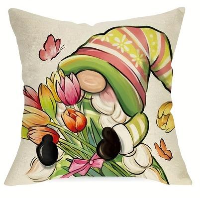 1Pc Spring-Summer Themed Gnome And Tulip Flower Pillowcases Machine Washable - Perfect For Sofa And Seasonal Home Decor