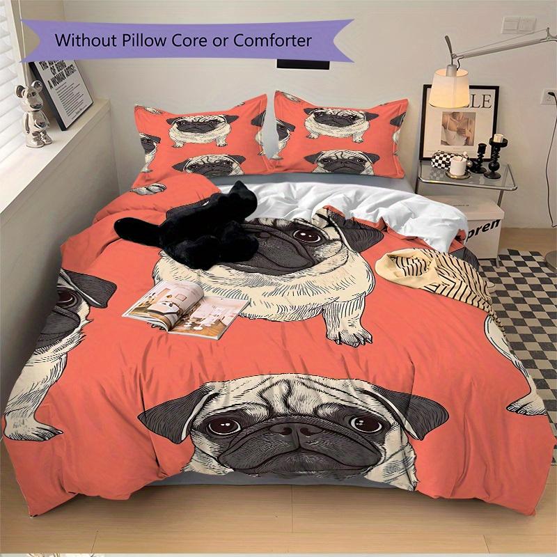 3Pcs Pug Pattern Printed Bedding Set, Breathable And Soft, Machine Washable, Christmas Gift, Suitable for Bedroom Decoration, 15152