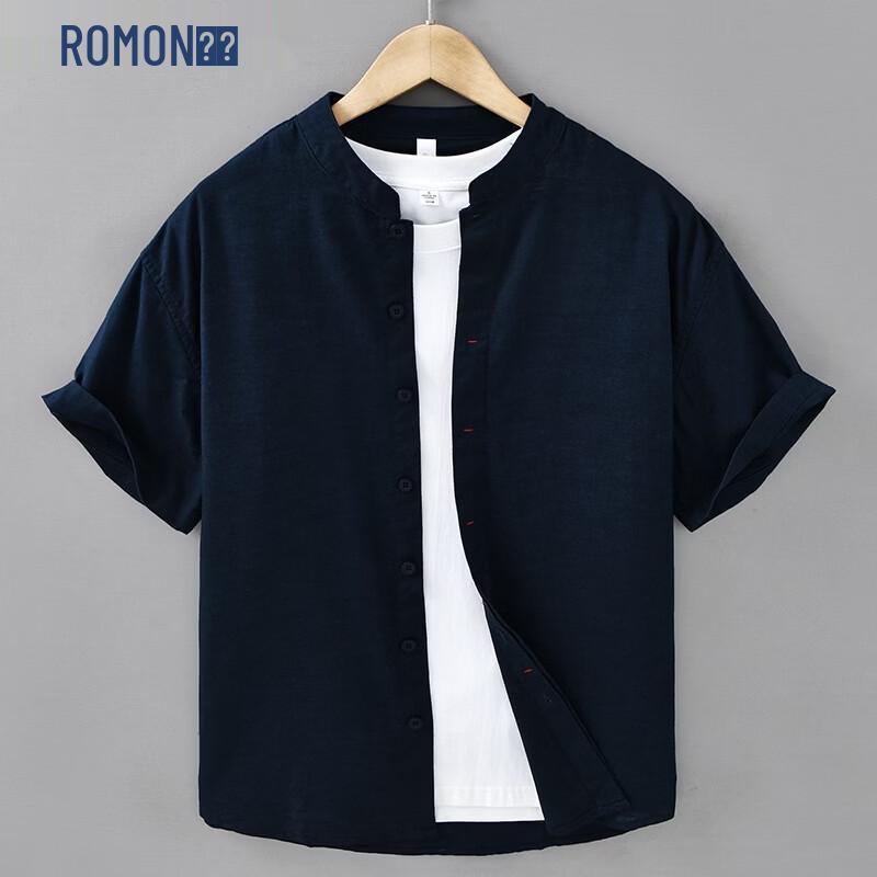 

ROMON Men s Summer Cotton Linen Stand Collar Short Sleeve Shirt 3XL