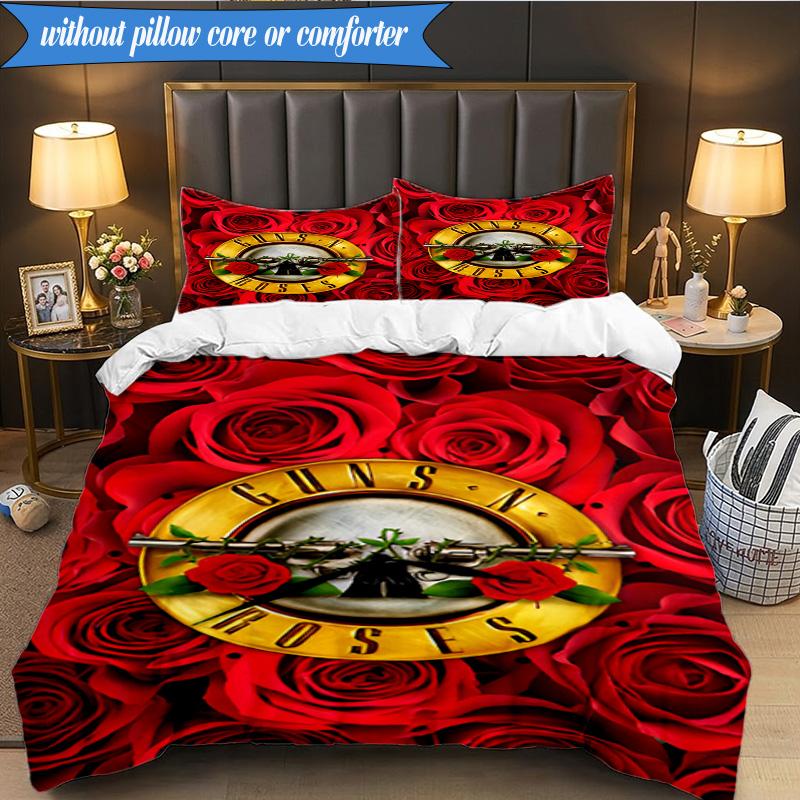 3PCS Guns Roses Fire Logo Bedding Set,Including 1pc Duvet Cover And 2pcs Pillowcases Perfect for Bedroom, Dormitory, Fan Christmas gift