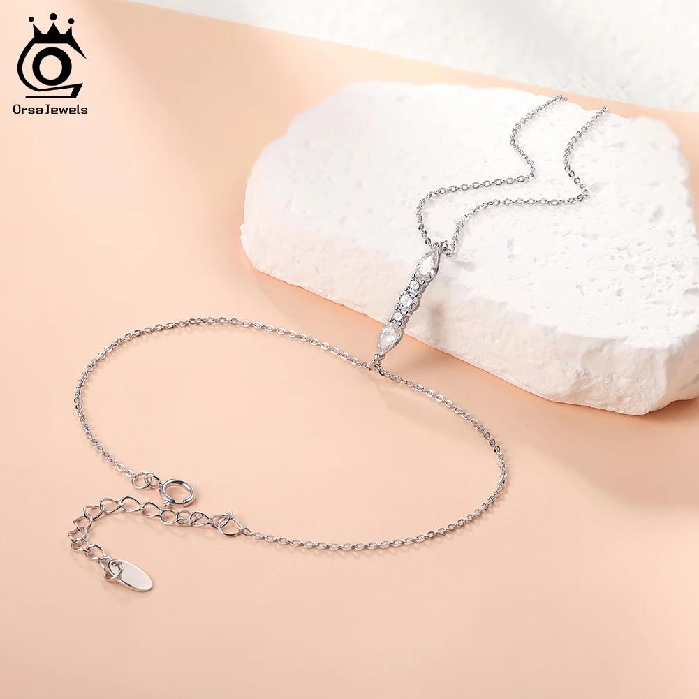 ORSA JEWELS Fashion 925 Sterling Silver 5A Zircon Finger Bracelet for Women Simple Shiny CZ Long Y Chain Bracelet Jewelry APV03