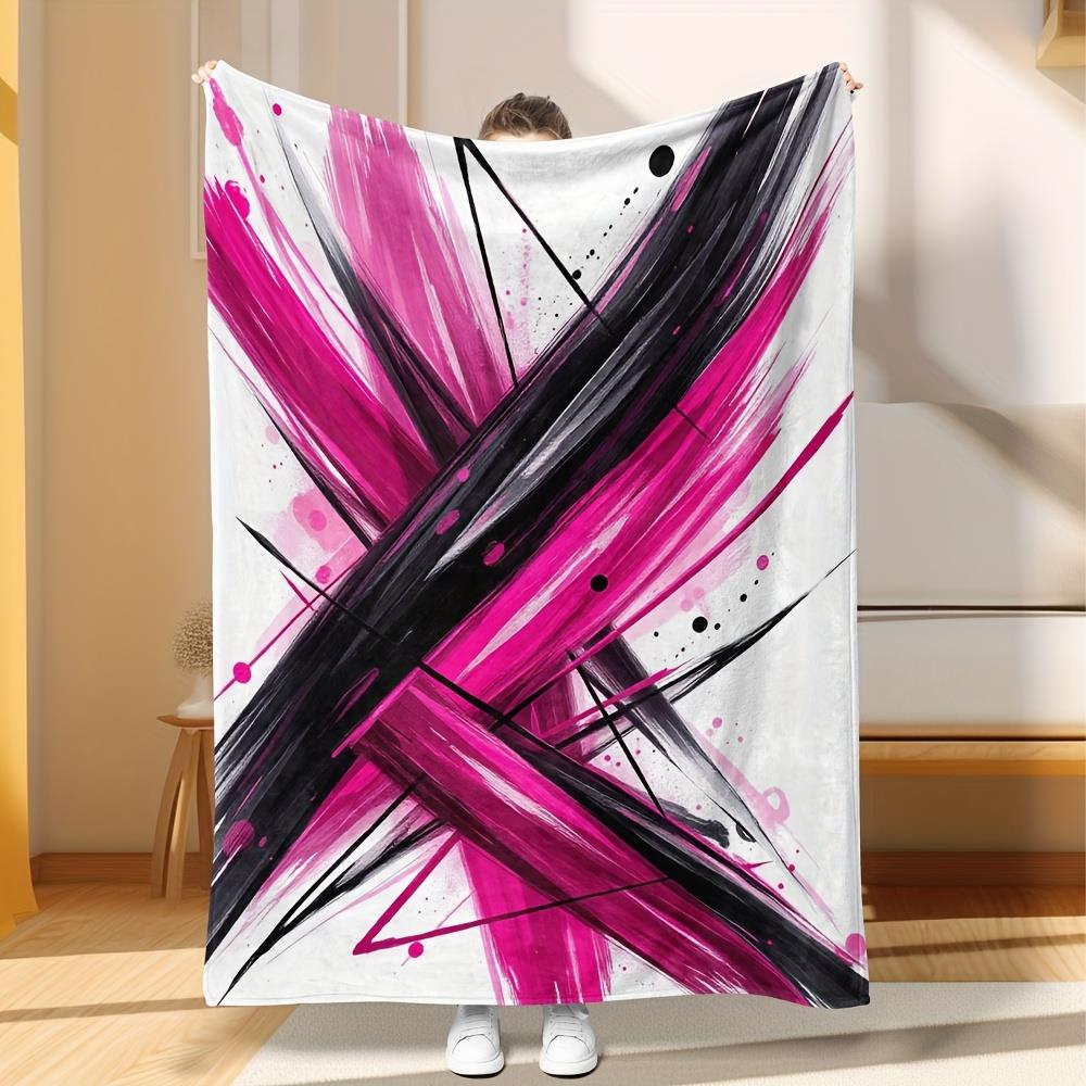 

1pc Pink Black White Golden Abstract Geometric Flannel Blanket - Heavyweight 280gsm Soft Warm All-Season Throw, Pink & Black Mar 75x90cm