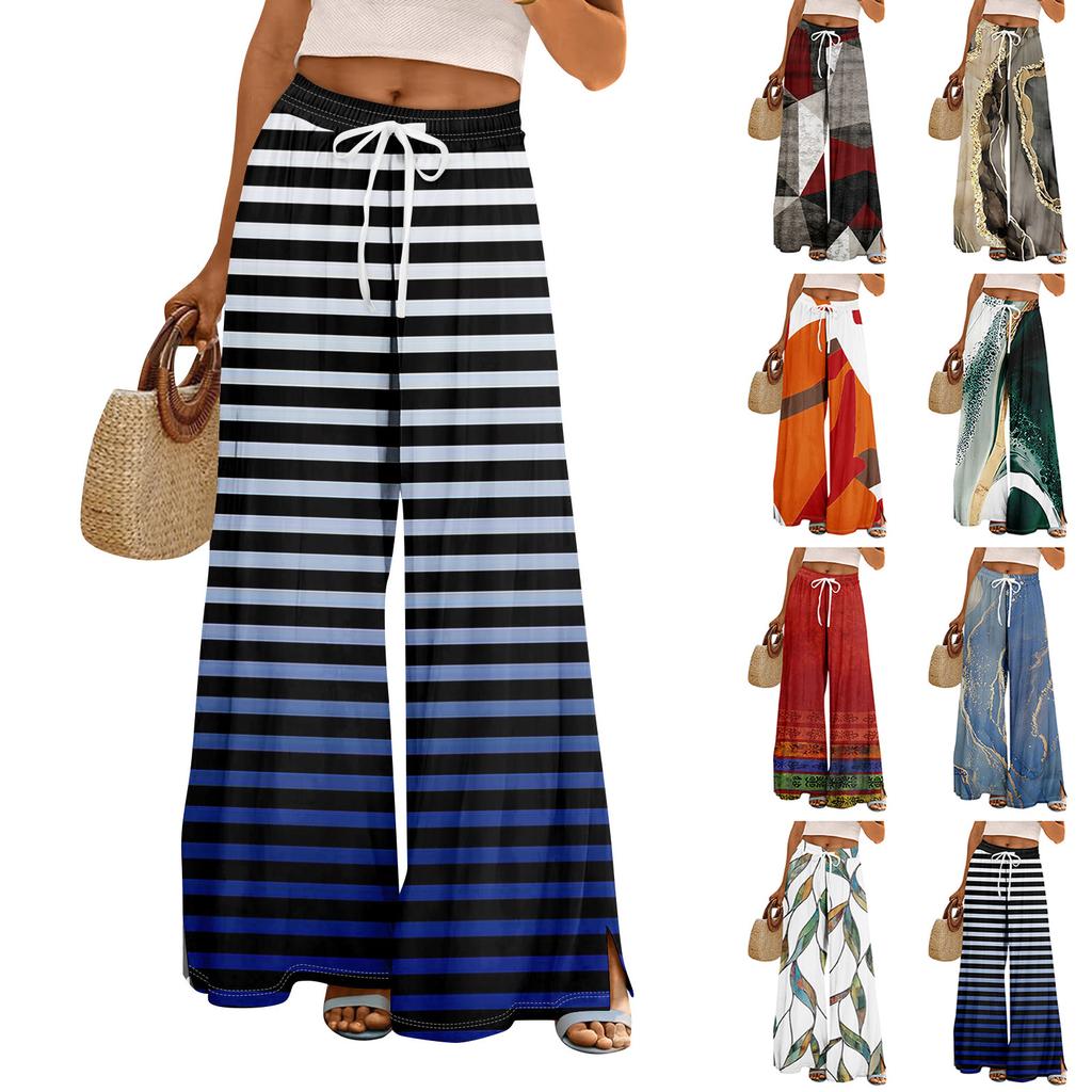 Women Summer Boho Palazzo Pants High Waist Wide Leg Floral Printing Casual Trousers With Pockets
