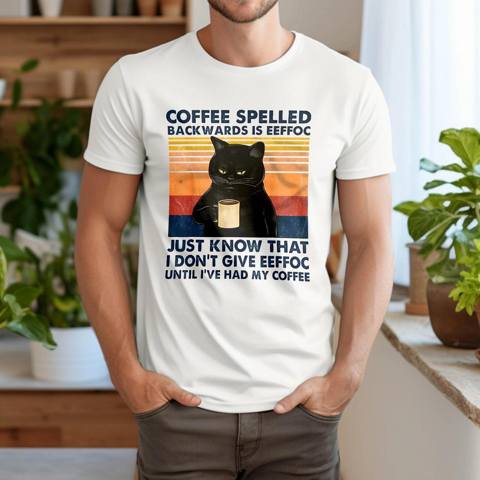 Coffee Spelled Backwards Is Eeffoc Cat Drinking Vintage T-Shirt 2XL