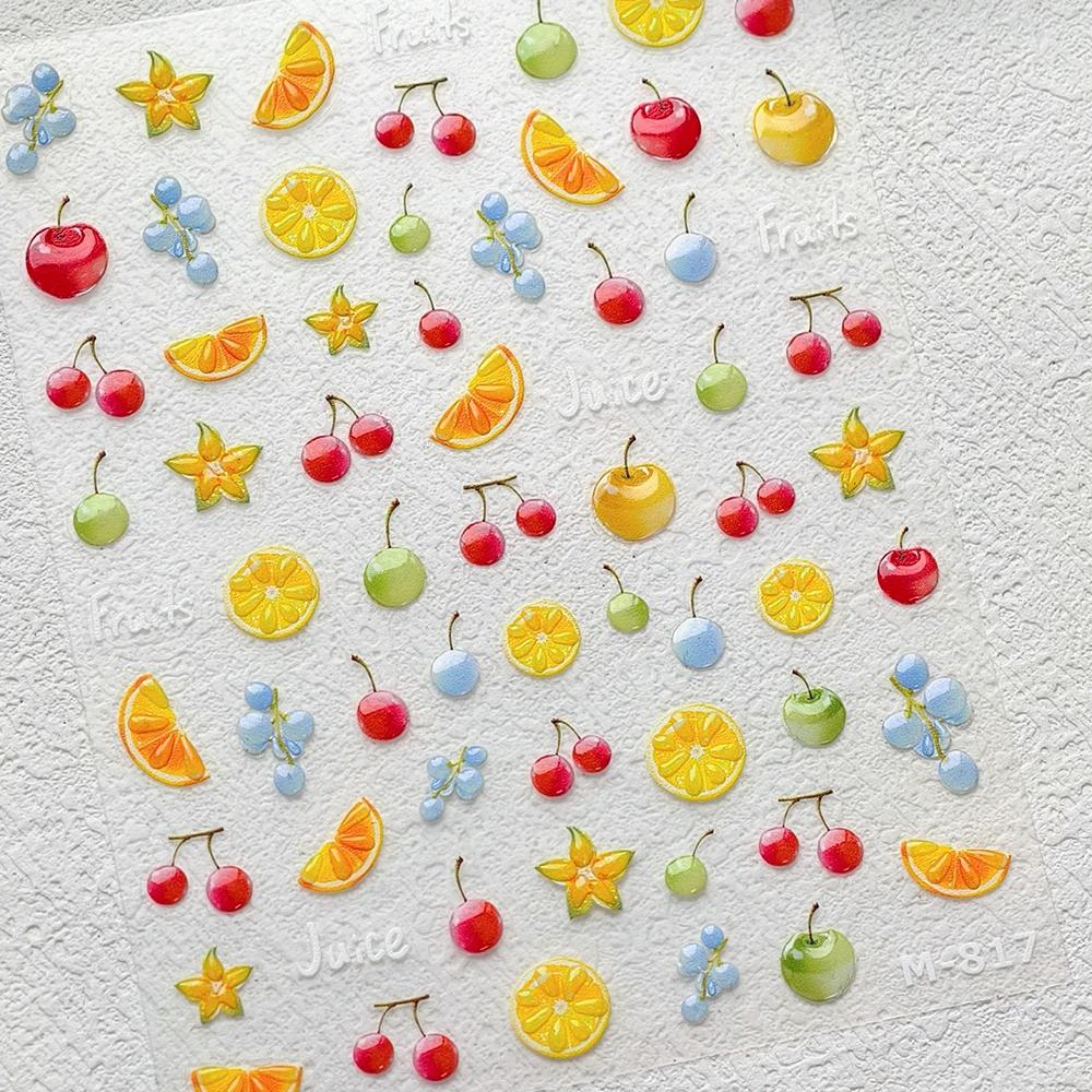 Fruit 5D Nail Art Sticker Apple Strawberry Cherry Love Hearts Bowknot Stars Cartoon Butterfly Manicure Decal DIY