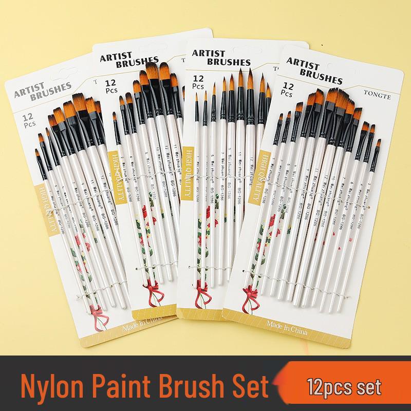 Foreign Trade Nylon Painting Brush Set - 10 Pieces, Red & Blue Handles, Flat Gouache & Oil Brushes
