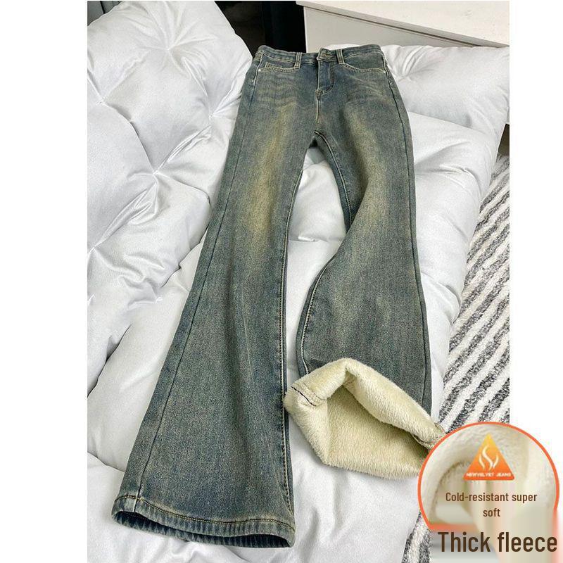 

Женские зимние флисовые стрейчевые джинсы клеш 2025: С высокой талией, стройнящий, американский ретро-стиль S [80-95 lbs]