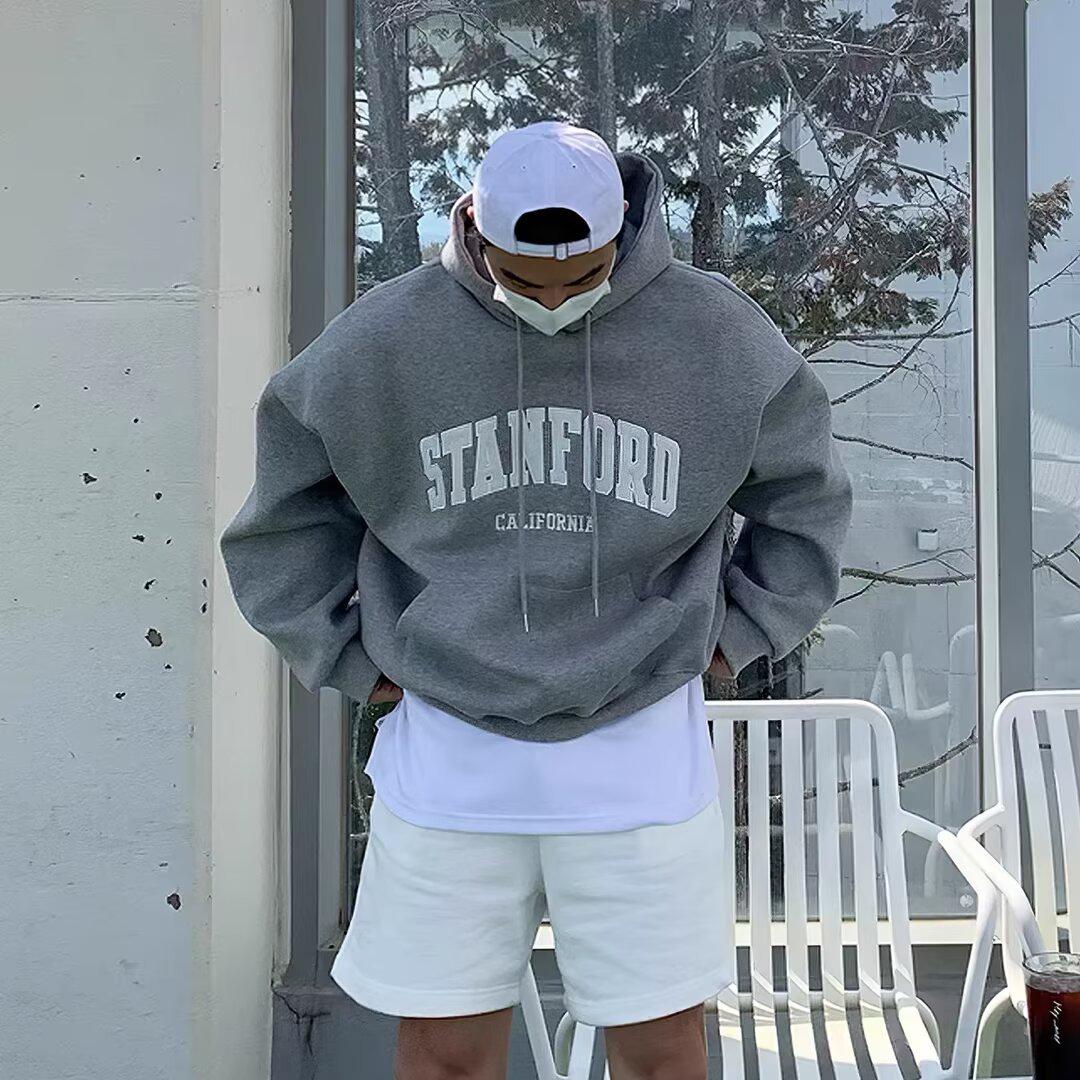 

Men s Heavyweight Hooded Sweatshirt – Loose, Versatile Print, Long Sleeve, Casual Sports, Plus Velvet Jacket for Autumn/Winter. M світло-сірий колір