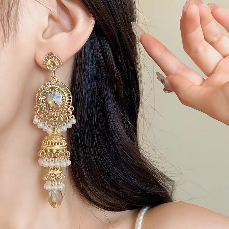 Vintage Indian Wind Chime Tassel Long Earrings For Women, Bohemian Vacation Exotic Ethnic Style Earrings, Trendy Earrings