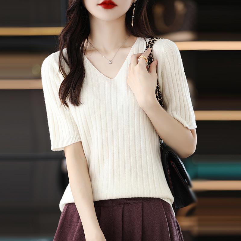 Frühling Sommer Damen V-Ausschnitt Kurzarm Exquisiter Kaschmir Strickpullover Pullover Einfarbig