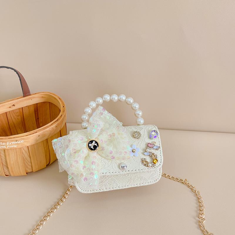 Entzückende Mini-Prinzessin-Tasche mit Schleife für Kinder mit schickem Perlendetail und stilvoller Kette