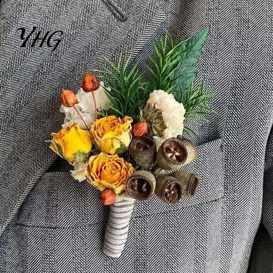 DIY Craft Dried Flowers Flower Boutonniere, Preserved Wedding Corsage, Rustic Natural Dry Retro Style Boutonnieres Brooch Pin for Groom Bride