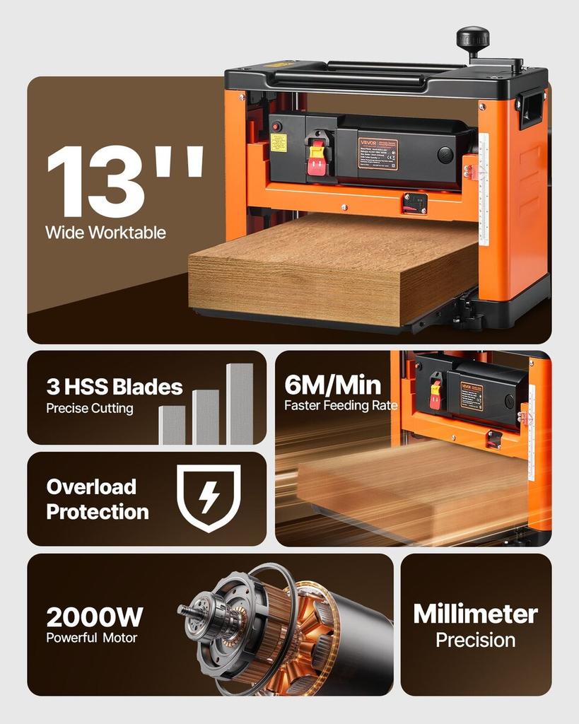 Dickenhobel, Dreimesser, 330 mm Arbeitsbreite, Leistungsstarker Tischhobel, 2000 W 23500 U/min Starker Motor, Doppelwalzen, Überlastschutz, Einzel