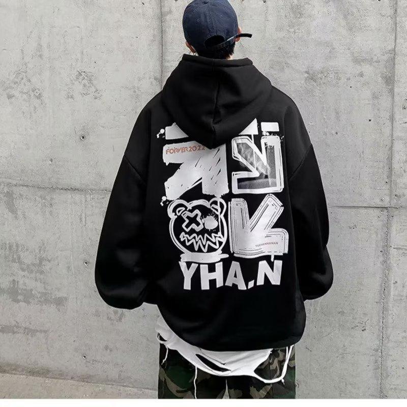 Men's Plus Velvet Hooded Sweatshirt - Large Size, Autumn/Winter, Hip-Hop Style, Trendy Loose Fit, American-Inspired.