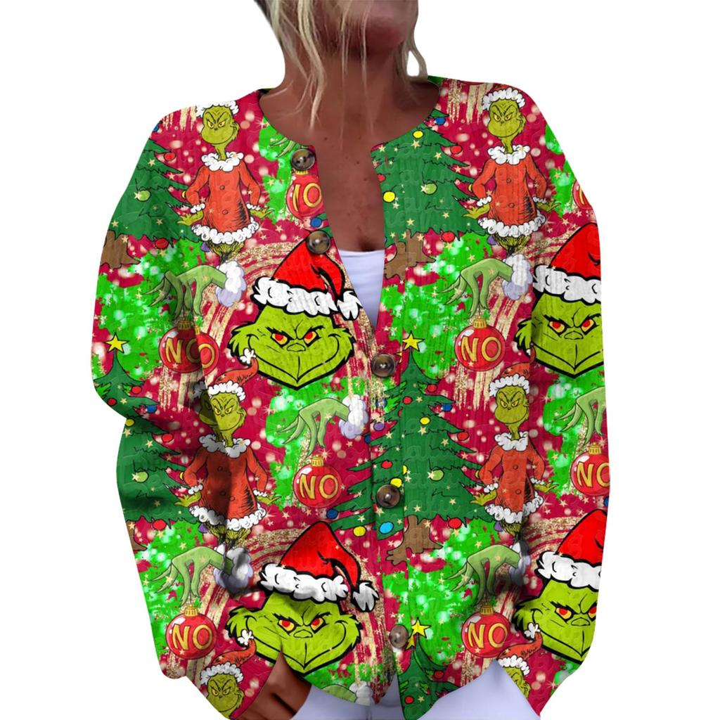 Women's Fashion Christmas Printed Long Sleeve Knitted Cardigan Button Down Jacket