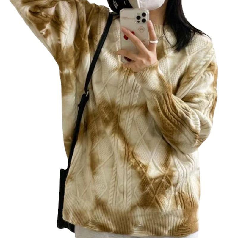 Contrasting Color Tie-dye Design, High-end Round Neck Casual Pullover, Autumn and Winter Large-size Knitted Sweater for Women