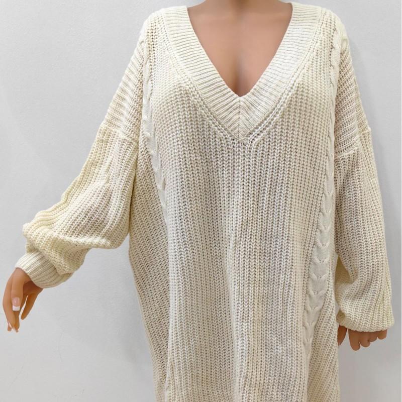 Womens Oversized Loose Knit Dress Deep V-Neck Long Sleeve Solid Color Winter Sweater
