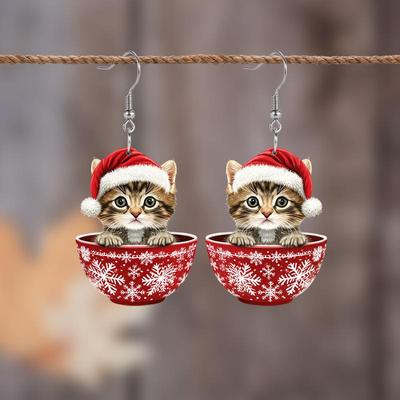 European and American Christmas Cat Snowflake Pendant Earrings – Double-sided Cartoon Women's Acrylic Fashion Jewelry