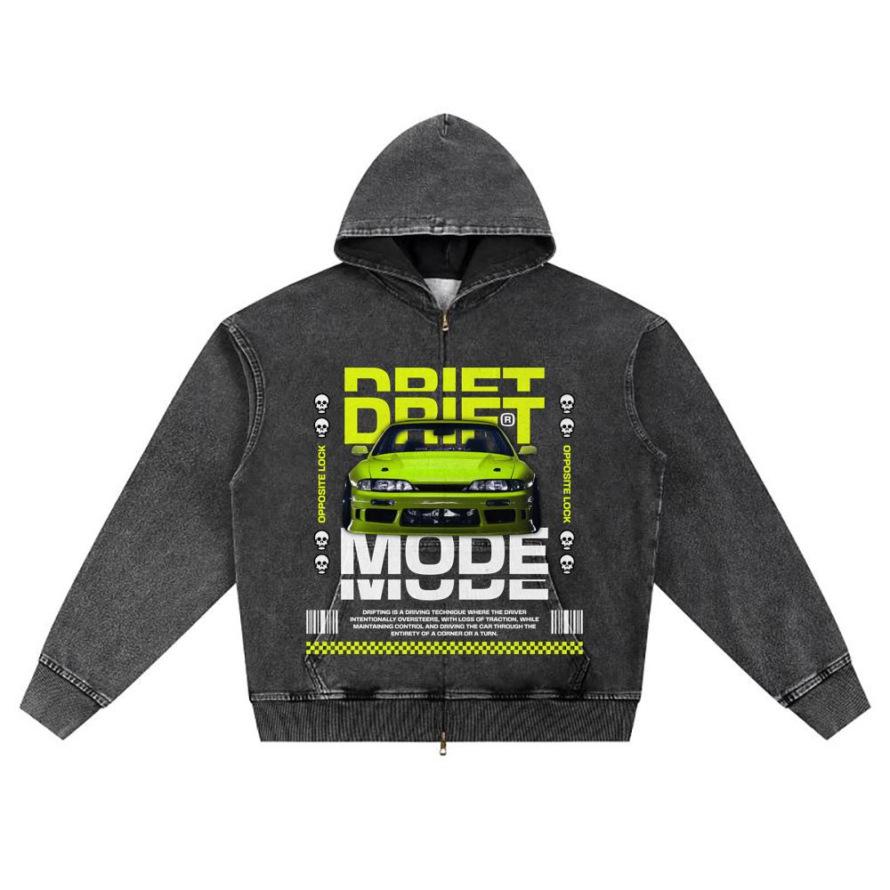 DTG Print Knitted Denim Zip-Up Hoodie Drift Mode Brother Print Zipper Hoodies  