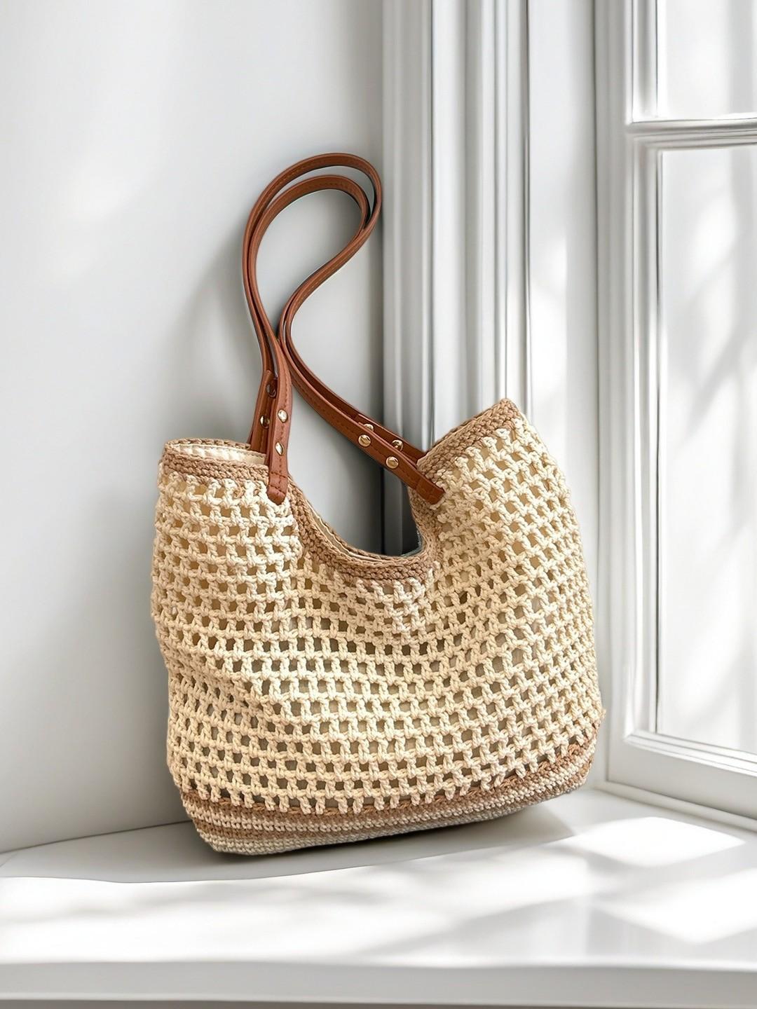 

Hand-Woven Cotton Thread Bag, Large-Capacity Beach Bag, Handbag, Casual Hollow Shoulder Bag, Women S Ancient Style 38*38
