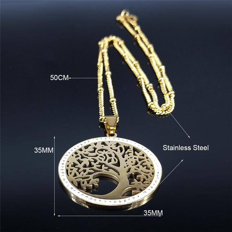 Fashion Tree of Life Stainless Steel Necklace Gold Color Crystal Pendant Necklaces Elegant Women Girl Jewelry Gifts N76S01