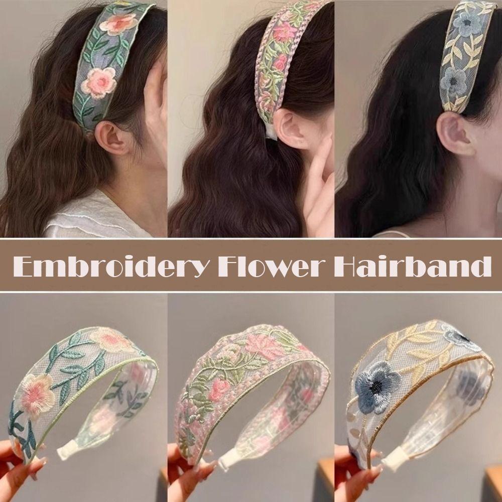Wide Edge Embroidered Flower Headband Elegant Chiffon Hairband Women Fashion Hair Accessories