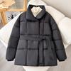 Women's Stand Collar Long Sleeve Raglan Sleeve Coat Loose Fit Casual Puffer Jacket with Waist Belt for Winter Wear