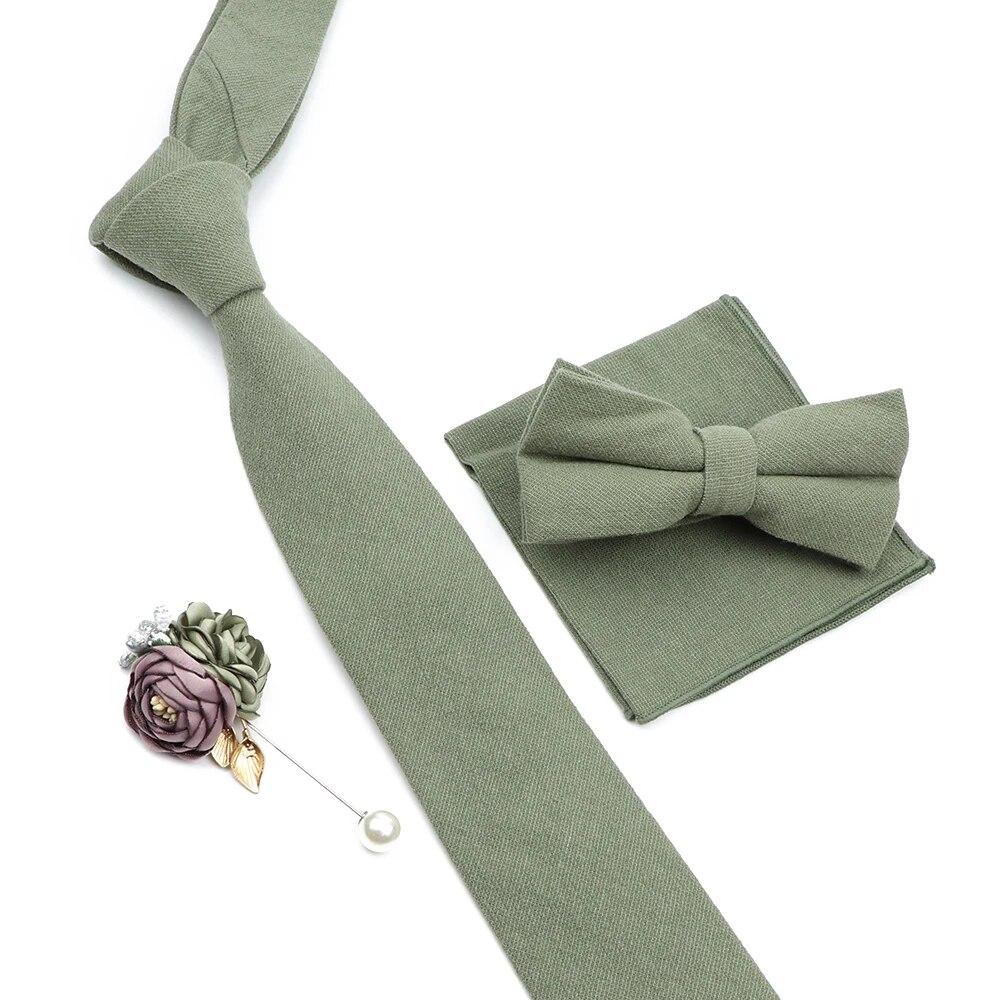 Solid Color Cotton Necktie Set For Men Tie 4pcs Hanky Cufflinks Rhinestone FLoral Brooch Tie Set