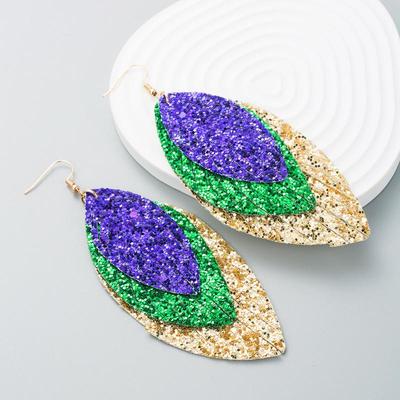 Women Shiny Drop Earrings Titanium Steel Leaf Shape Three-layer PU Leather Bohemia Ear Ornaments