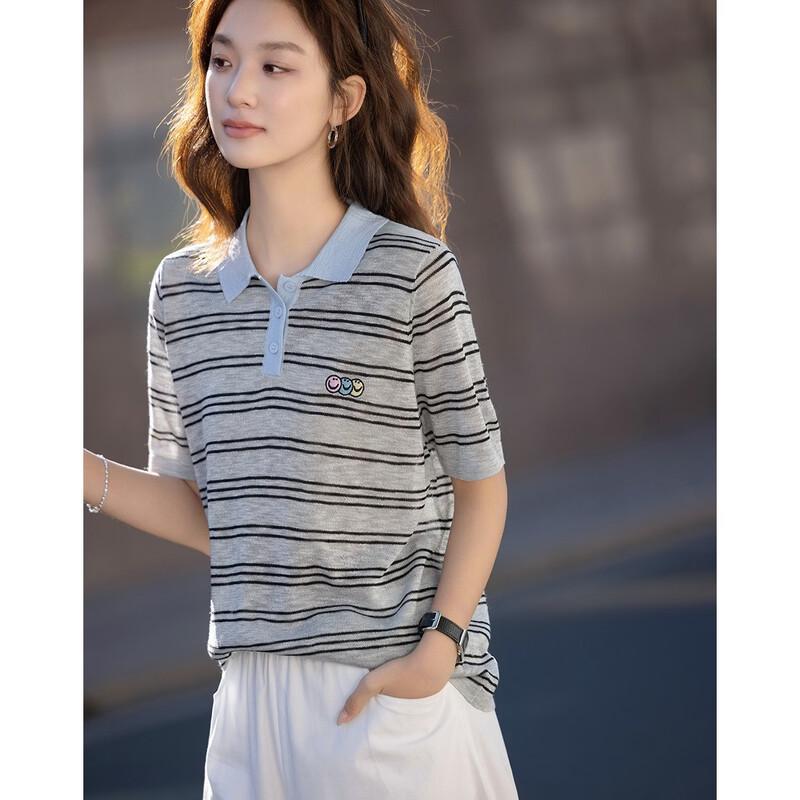 Women's Retro Striped Polo Knit Top