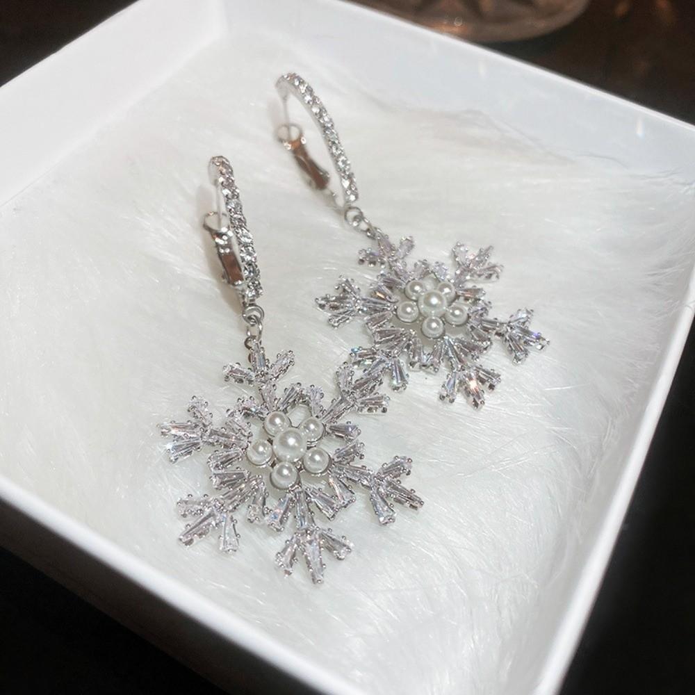 Imitating Pearls Crystal Snowflakes Earrings Silver Zircon Dangle Earrings  New Year