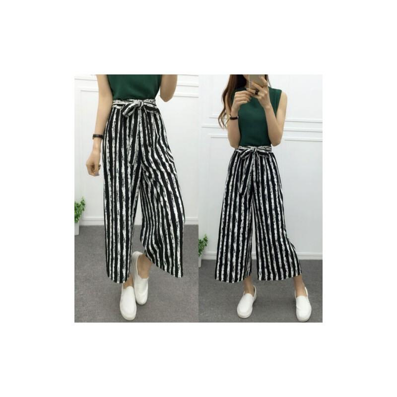 Women Wide Korean Leg High Waist Loose Baggy Casual Striped Crop Trousers Pants
