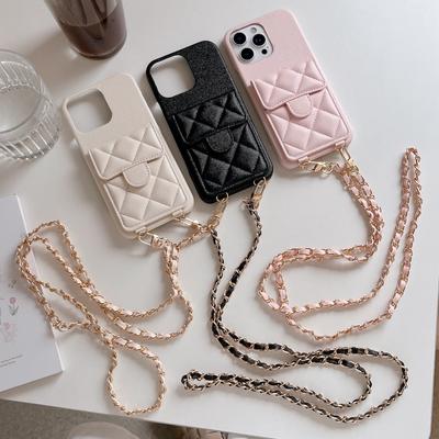 Luxuriöse Stilvolle Leder Wallet Hülle für iPhone 13 14 15 Kartenhalter Crossbody Kette Riemen Lanyard Handyhülle für iPhone 16 Pro