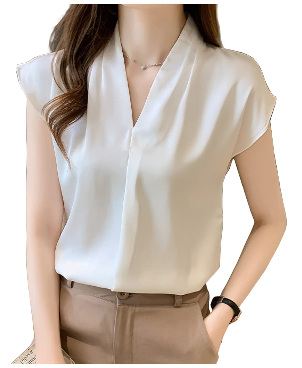 

Блузка с коротким коротким коротким рукавом для делового платья лето размер белый [M s Mimi] женщины, белый, 3L, рукав, V-вырез, топ, офис, рукав, рубашка, белый