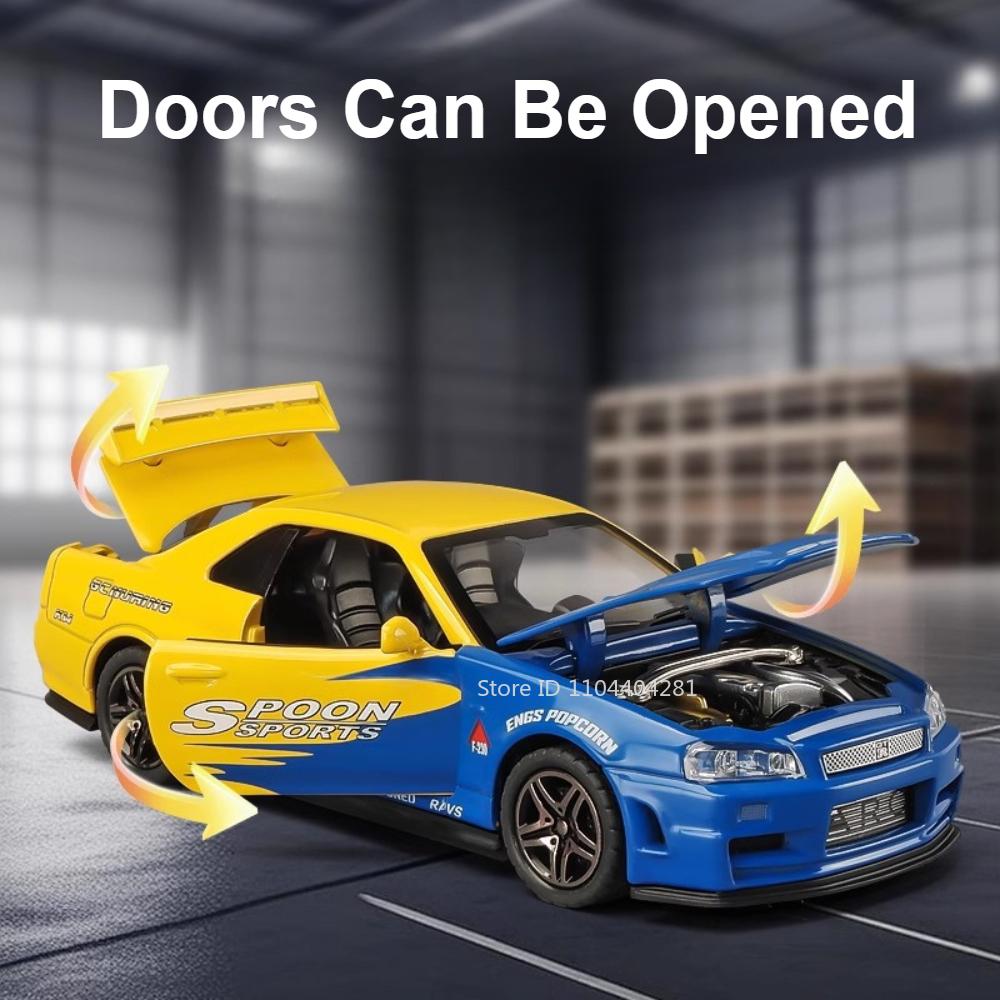 1:32 Gtr R34 R35 Toys Alloy Model Cars Diecast Metal Miniature Vehices 4 Doors Opened Sound Light Pull Back Models For Kids Gift