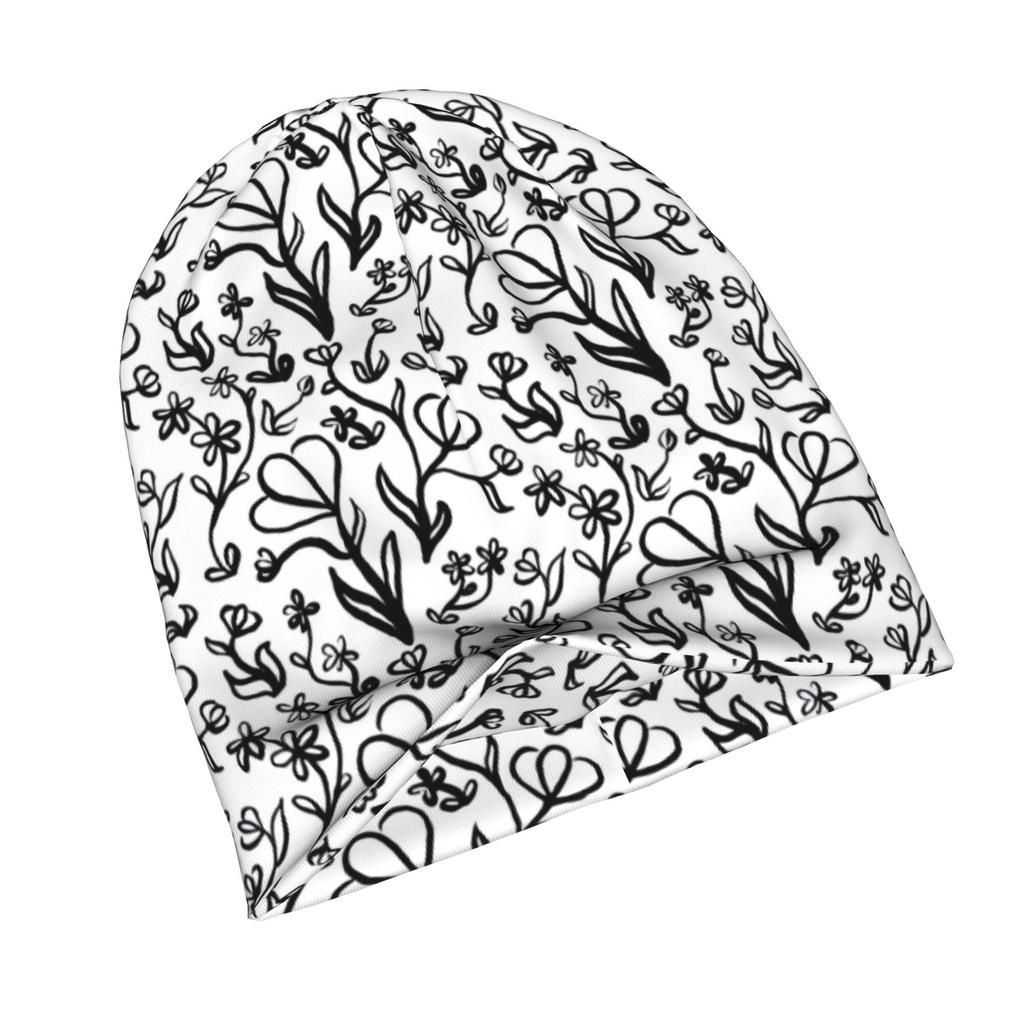 ZLIENSZUS Adult Knit Hat with 2D Flat Printing Floral - Black & White Suitable for Weekend Errands, Everyday City Wear, Casual Outfits, Stylish Minima