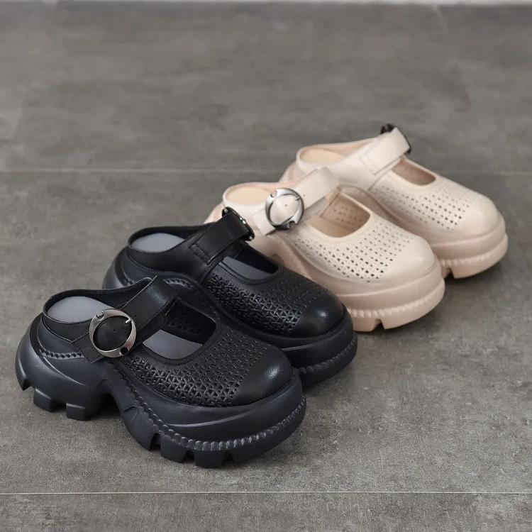 Johnature Легкі шльопанці з товстою підошвою та круглим носком з натуральної шкіри, перфоровані, дихаючі, жіноче взуття