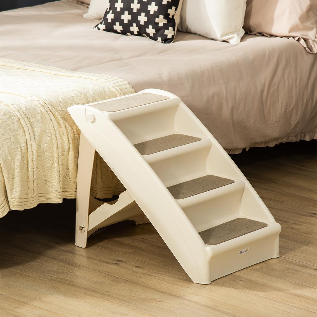 Dog Stairs, Folding, 4 Non-Slip Steps, Plastic Pet Stairs, 62 x 38 x 49.5 cm, Beige