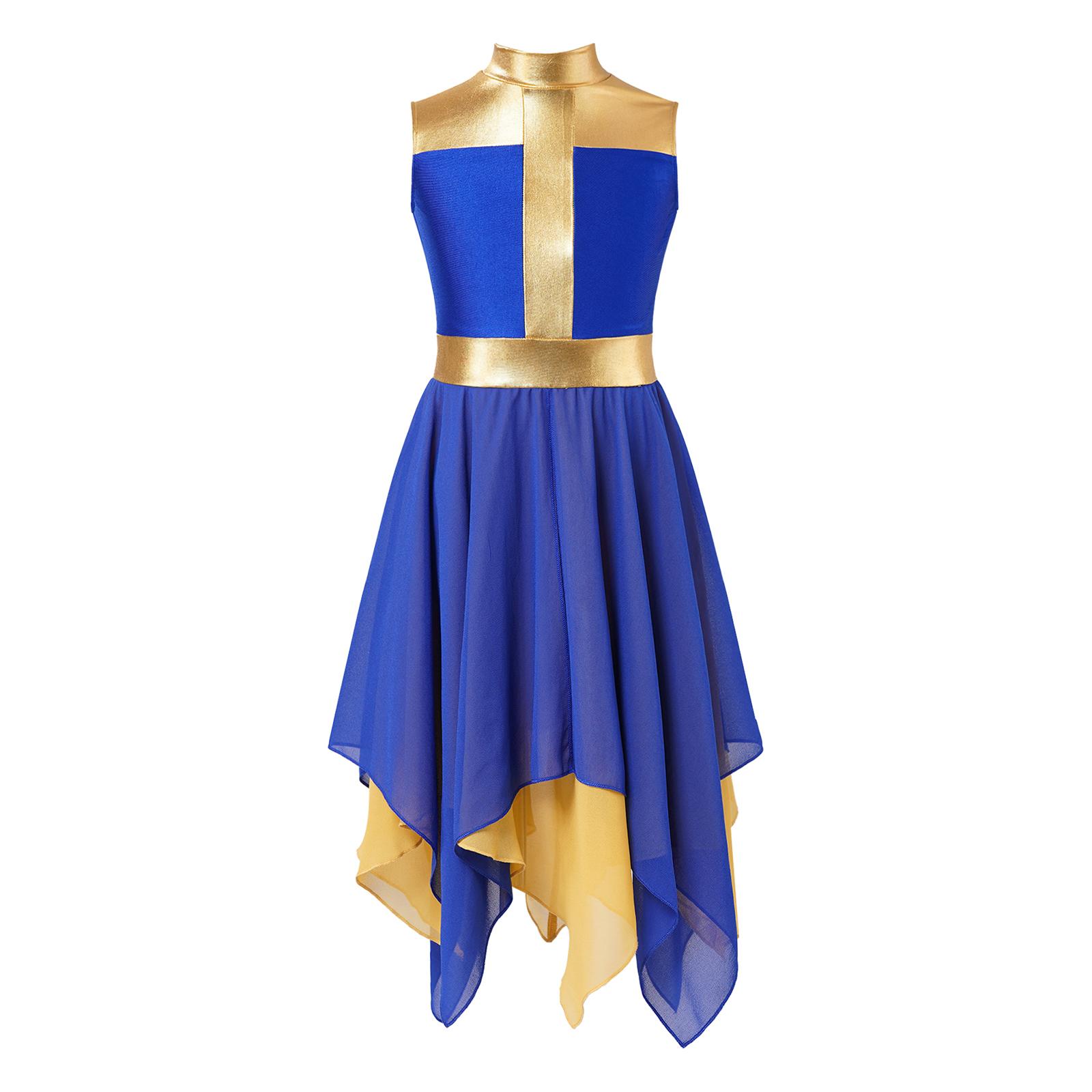

Платье для танцев без рукавов для девочек, шифоновое подол, контрастный дизайн, лирическая танцевальная одежда для выступлений 5-6 Years королевский синий