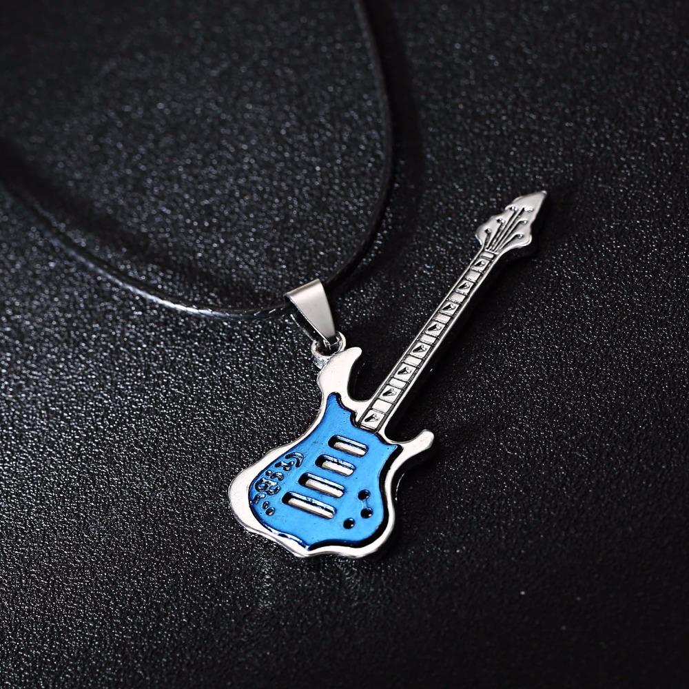 Rinhoo Trendy Leather Chain Guitar Necklace For Men Punk Rock Music Jewelry Gift Stainless Steel Necklace Pendant Wholesale