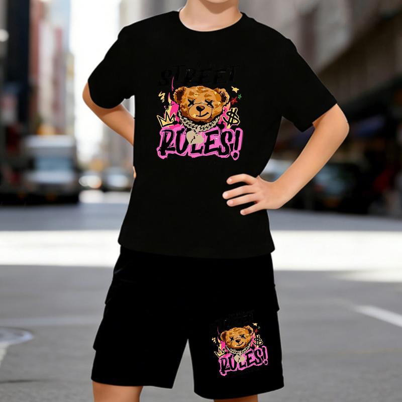 

Boys 2 Piece Trendy bear printed Outfit, Short Sleeve T-Shirt and Shorts Set for Kids Age 5-14,White Sporty Casual Summer Clothes 5-6 Years чёрный