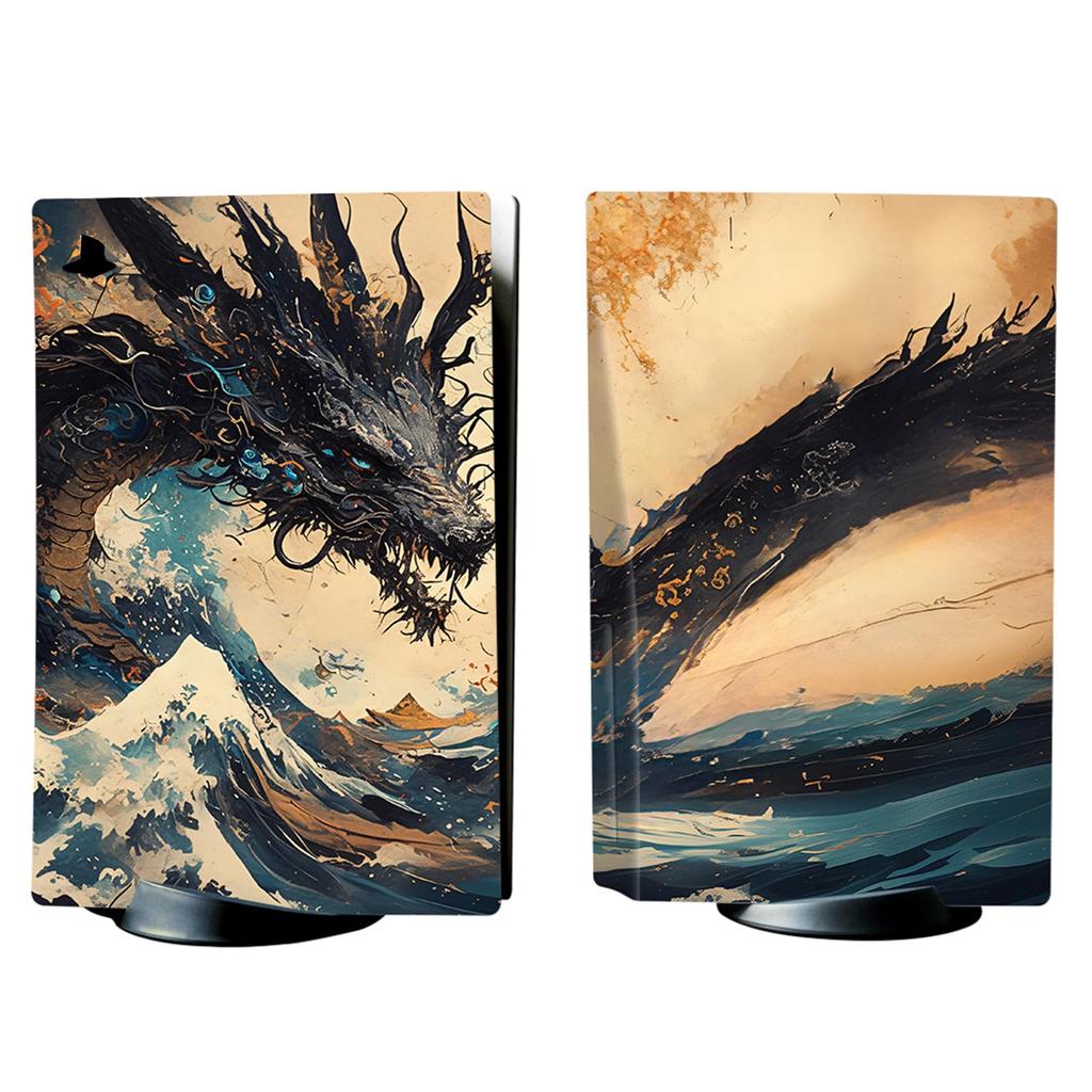 PlayVital Tempest Dragon vinyl stickers for the PS5 console (disc version), PS5 controller, headset, remote, and charging station.