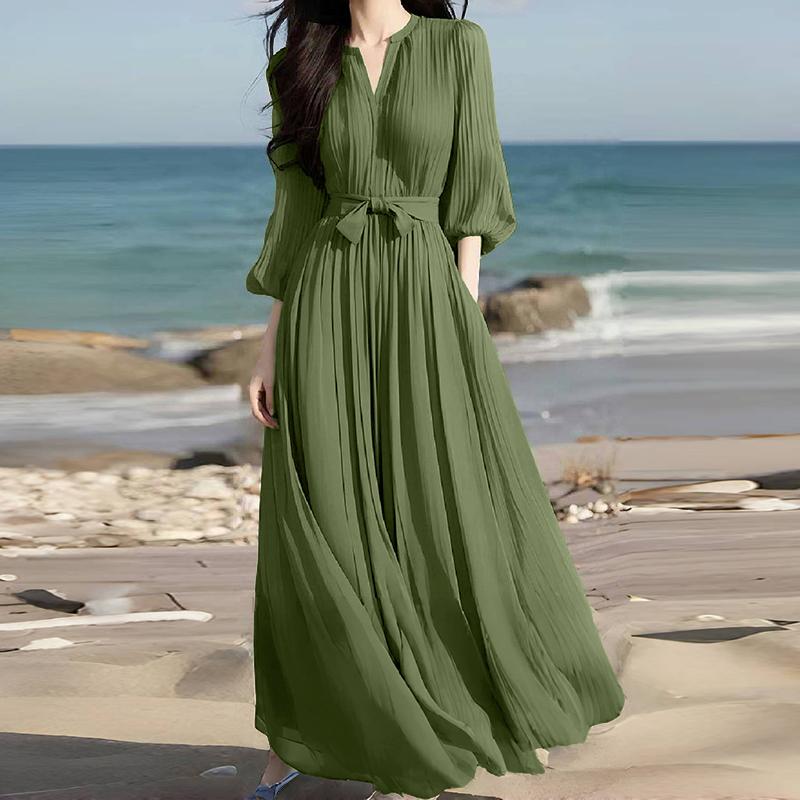 

ZANZEA Женское повседневное платье с V-образным вырезом, рукавами 3/4, свободное, плиссированное, длинное 4XL зелёный